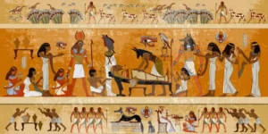 كتاب الوتى لدى الفراعنة رحلة المتوفى بداية من التحنيط وفصل الاعضاء الداخلية ووضعها بجرار وتجهيز القرابين والغذاء لرحلته وقراءة التعويذات الخاصة للحماية وتسهيل الرحلة